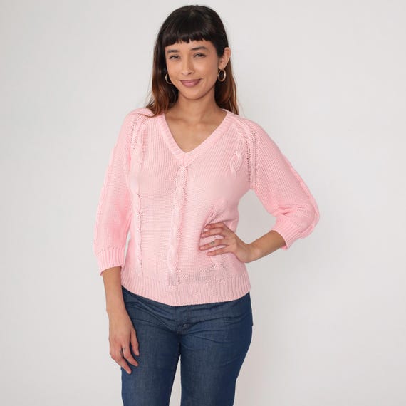80s Pink Sweater Sheer Cable Knit Sweater Pullover Retro Golf Boho Pastel Girly Knitwear Bohemian V Neck Vintage 1980s Medium
