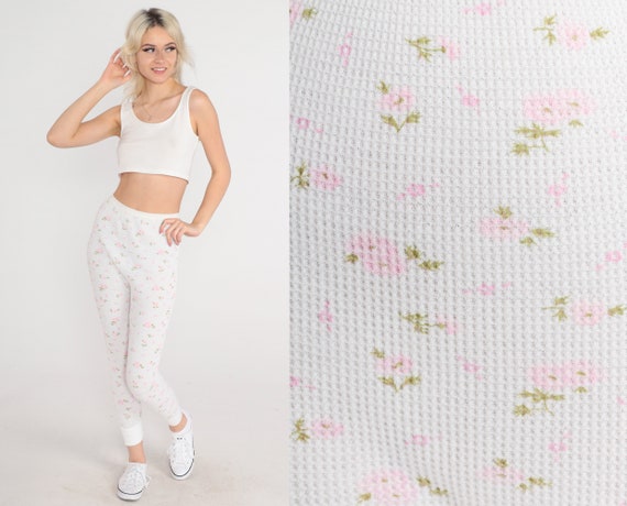 Floral Thermal Pants 80s Long Johns White Waffle Knit Leggings Pink Flower  Print Pajama Pants Warm Winter Layering Vintage 1980s Small Xs S -   Finland