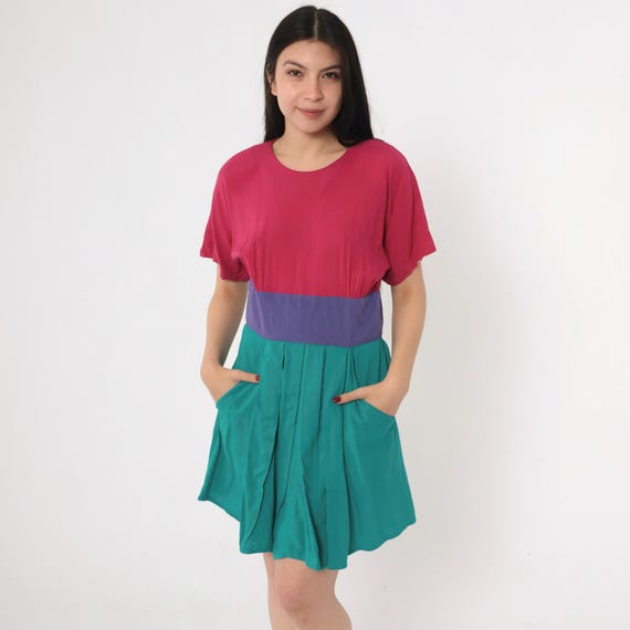 Vintage Color Block Dress 80s Pleated Mini Dress Fuchsia Teal Purple Secretary Short Sleeve High Waisted 1980s Pocket Waist Medium 8