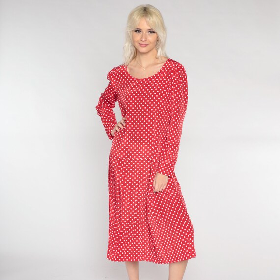 Polka Dot Dress 90s Red Midi Dress Long Sleeve Lo… - image 3