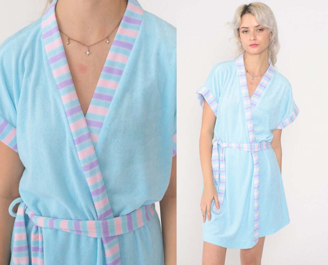 70s Terry Cloth Robe Baby Blue Dressing Gown Striped Robe Pajama Robe ...
