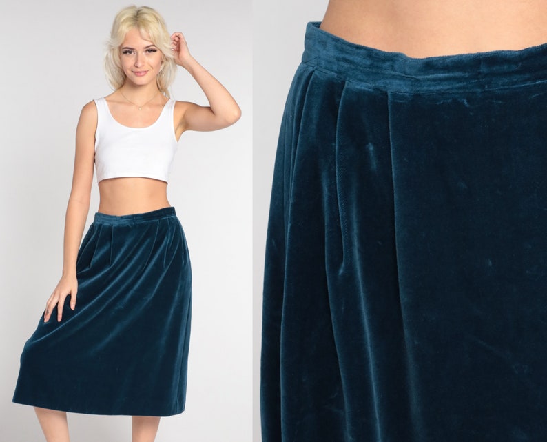 Blue Velvet Skirt Pencil Skirt 80s High Waisted Pleated Midi 1980s Party Skirt Gothic Retro Vintage High Waist Dark Blue Small 6 image 1