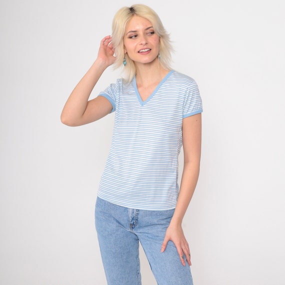 Striped T-Shirt 80s Blue White Shirt Ringer Tee Basic TShirt V Neck Casual Top Single Stitch Short Sleeve Vintage 1980s Small