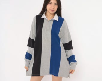 90s Rugby Shirt Grey Colorblock Polo Black Blue White Boxy Fit Preppy Collegiate Striped Pullover Top St. Johns Bay Vintage Unisex Medium M