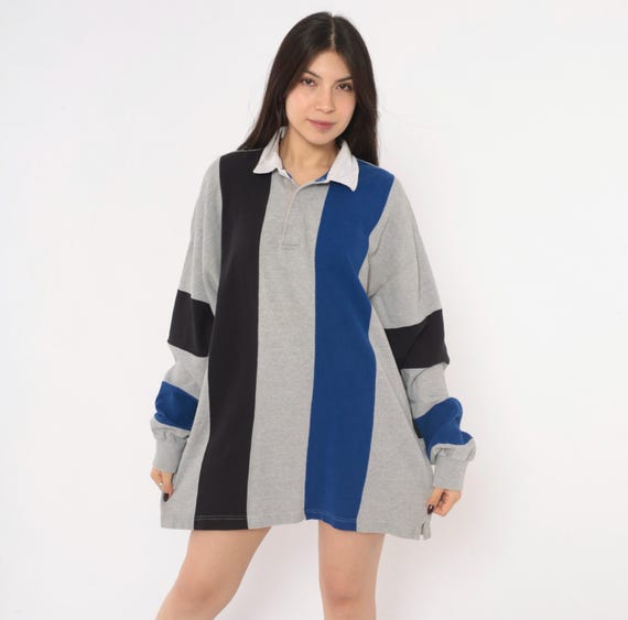 90s Rugby Shirt Grey Colorblock Polo Black Blue White Boxy Fit Preppy Collegiate Striped Pullover Top St. Johns Bay Vintage Unisex Medium M