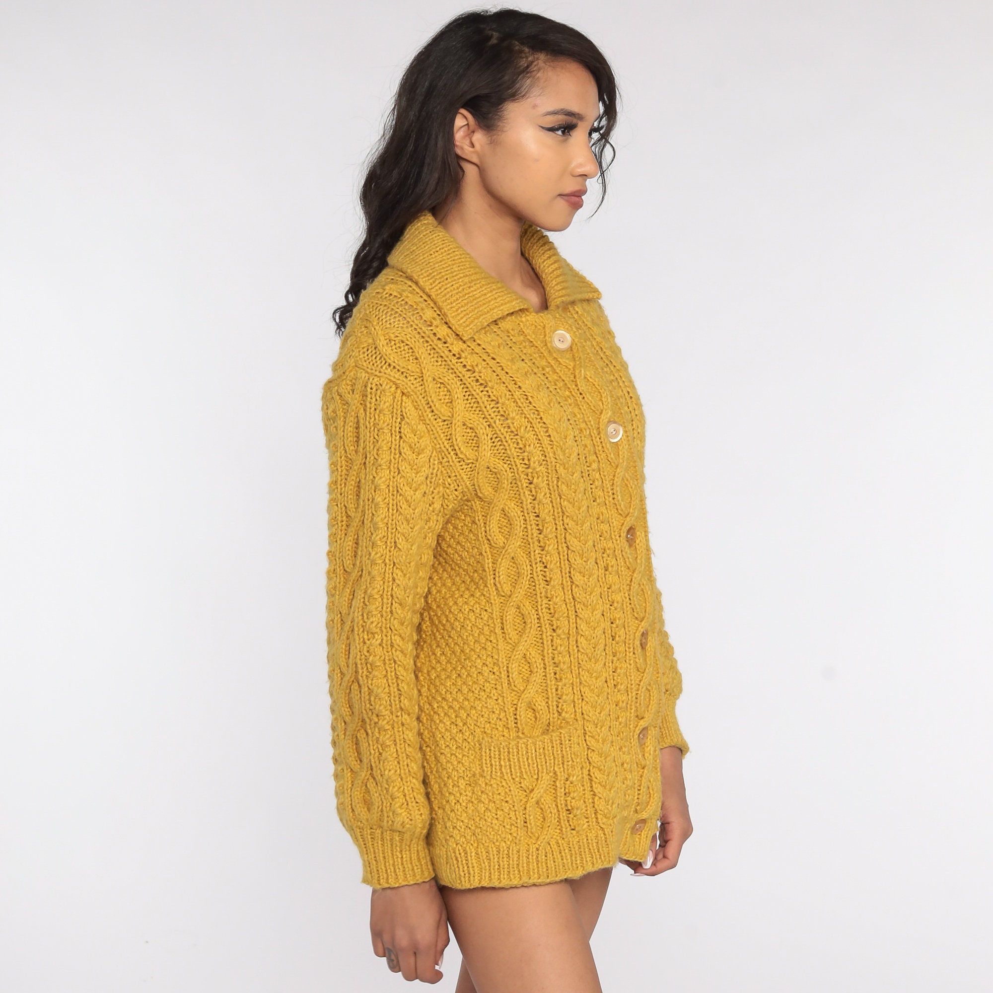 Wool Cable Knit Sweater Mustard Cardigan Sweater 70s Boho Yellow