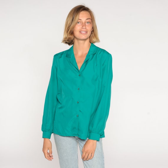 Green Button Up Blouse 80s Collared Shirt Retro Boho Plain Simple Secretary Top Classic Basic Minimalist Long Sleeve Vintage 1980s Medium M