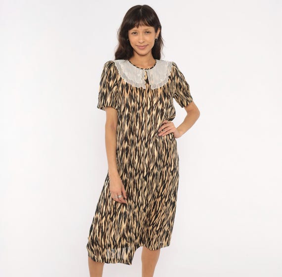 80s Tiger Stripe Sheer Dress Animal Print Lace Collar Midi Short Sleeve Shift Black Tan Brown Zebra Safari Peter Pan Vintage Small S