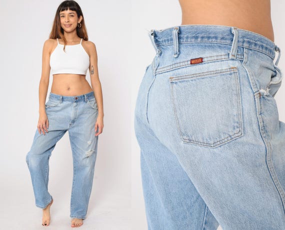 90s Rustler Jeans Ripped Straight Leg Jeans High Rise Denim Pants Blue Distressed Faded Jeans Retro Streetwear Vintage 38 x 30