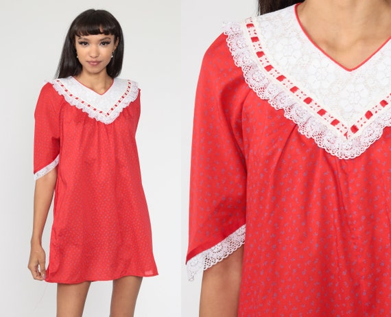 Red Tent Dress 70s Lace Collar Dress Hawaiian Tent