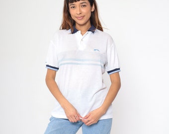 Striped Polo Shirt 80s White Slazenger Tennis Collared Shirt Blue Quarter Button Up Preppy Casual Vintage 1980s Panther Medium