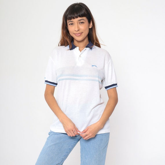 Striped Polo Shirt 80s White Slazenger Tennis Collared Shirt Blue Quarter Button Up Preppy Casual Vintage 1980s Panther Medium