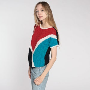 80s Knit Top Color Block Shirt Short Sleeve Sweater Top Red Black Bohemian Retro Tee Vintage 1980s Ramie Cotton Small S image 5