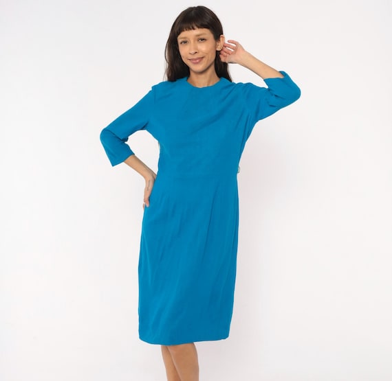 60s Teal Sheath Dress Three Quarter Sleeve Cerulean Blue Shift Fitted Waist Mod Style Bright Vintage Office Professional Women Medium M