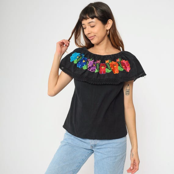 Vintage Mexican Floral Blouse 90s Off Shoulder Top Black Peasant Shirt Embroidered Flower Boho Crochet Puebla Hippie 1990s Small S