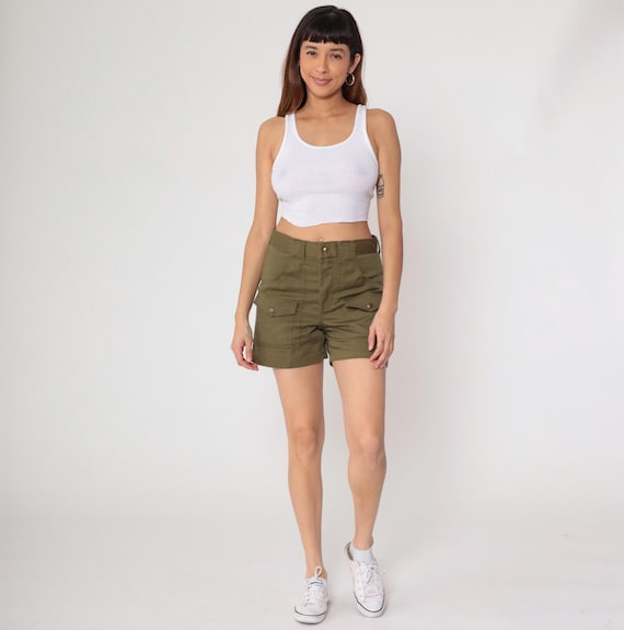80s Cargo Shorts Olive Green High Waisted Cotton Utility Boy Scout Military Vintage Army Cargo Pockets Short Inseam Grunge Gorpcore Small S