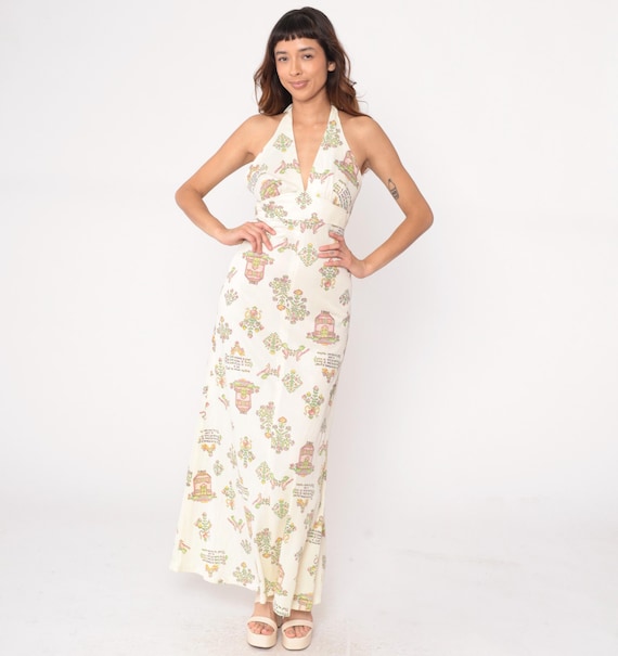 70s Summer Halter Dress Novelty Print White Illustrated Open Back V Neck Empire Waist Cottagecore Fairycore Whimsical Flowy Vintage Medium M