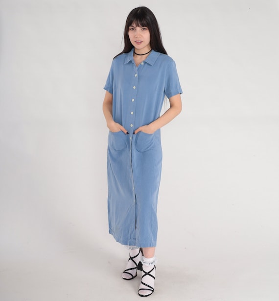 Blue Shirt Dress Y2k Tencell Midi Dress Button up Day Dress Retro Simple Casual Minimal Short Sleeve Pockets Vintage 00s Talbots Medium 8