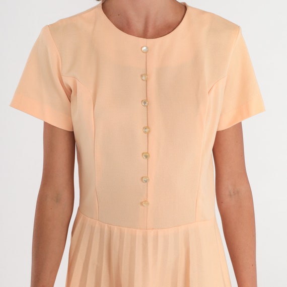Peach Dress 70s Pleated Day Dress Button Up Short… - image 6
