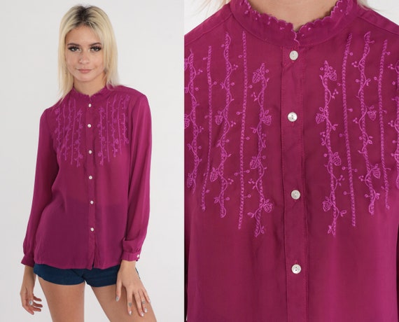 Floral Embroidered Blouse 70s Hippie Top Berry Pu… - image 1