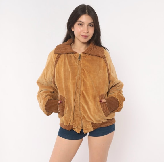 70s Corduroy Bomber Jacket Tan Zip Front Camel Knit Collar Raglan Sleeve Sand Brown Vintage Warm Tone Earth Academia Cord Coat Medium M