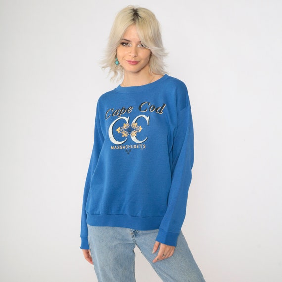 Vintage 90s Cape Cod Sweatshirt Blue Crew Neck Massachusetts Graphic Pullover 1990s Retro Tourist Destination Medium