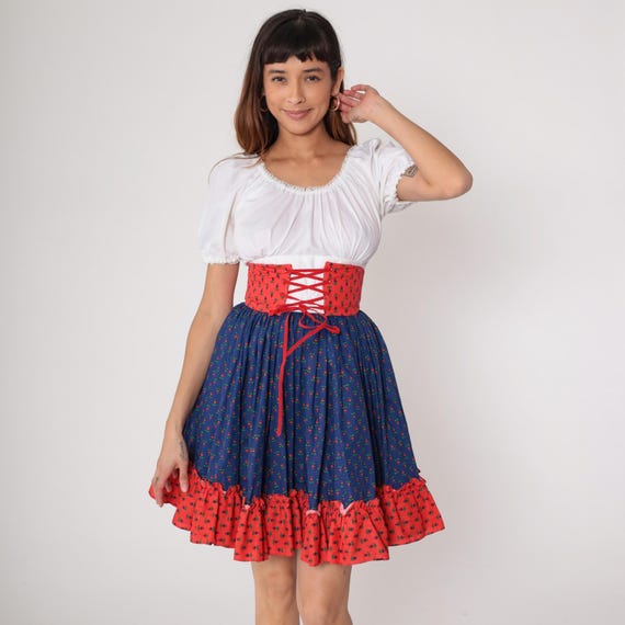 Folk Dirndl Dress 70s Bavarian Style Blue Red Floral Prairie Peasant Lace Up Corset White Puff Sleeve Blouse Ruffle Hem Circle Skirt Medium