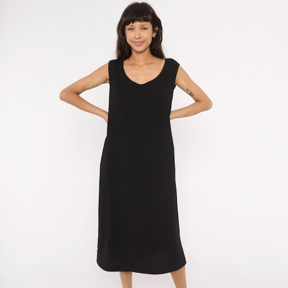 90s Black Sleeveless Shift Dress Scoop Neck Midi Length Relaxed Fit Column Tank Minimalist Vintage Simple Neutral Layering Extra Large XL
