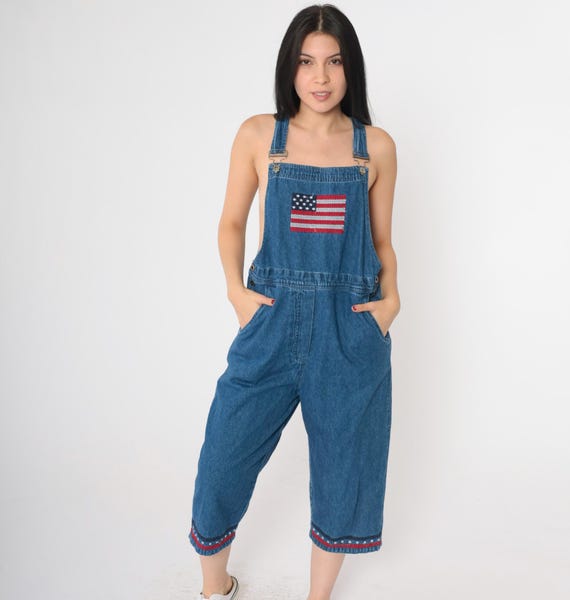 Vintage Overall Capri Pants 90s American Flag Embroidered Denim Shortalls Blue Jean Romper Retro Blue Bib Suspender 1990s Medium