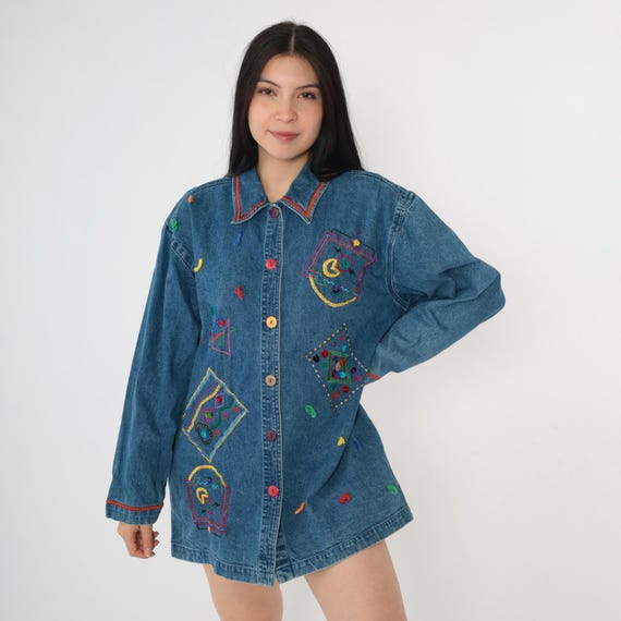 Vintage Embroidered Jean Blouse 90s Geometric Denim Button Up Over Shirt Blue Rainbow Applique Long Sleeve Top Y2K Medium M