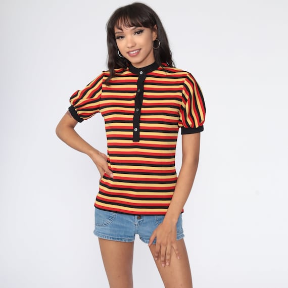 Puff Sleeve Blouse Red Yellow Striped Top Button Up Shirt 70s Boho Top Vintage 1970s Bohemian Retro Hippie Shirt Short Sleeve Small