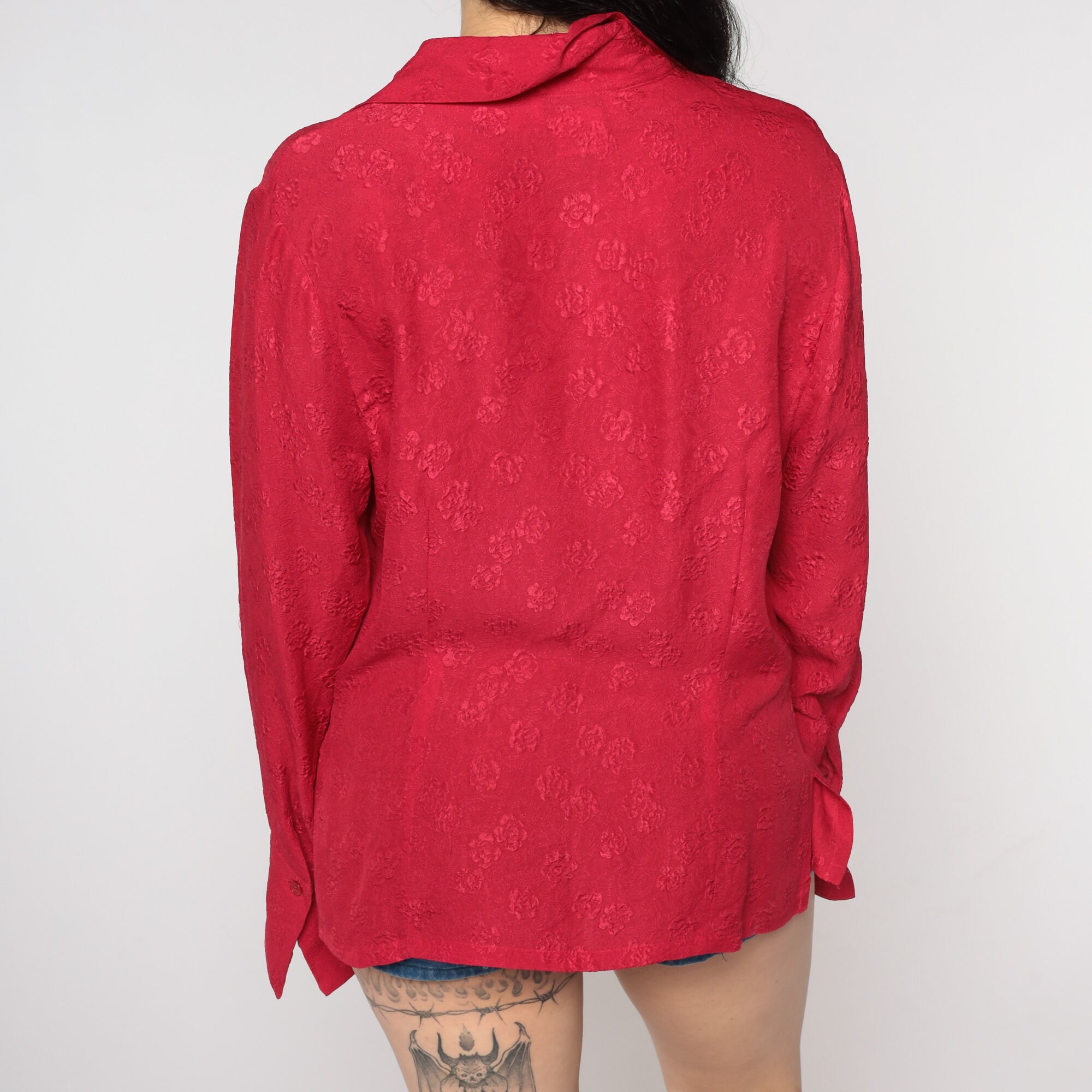 Raspberry Red Floral Shirt 90s Embossed Silk Blouse Button Up Shirt 80s