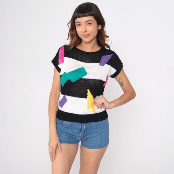 90s Knit Top Geometric Print Sweater Black White Stripe Abstract Colorful Pattern Pullover Vintage Purple Pink Teal Yellow Casual Small S