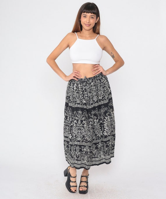 Black and White Floral Skirt 90s Broomstick Midi Skirt Grunge Flower Print Summer Flowy Drawstring Waist Cotton Vintage 1990s Small Medium