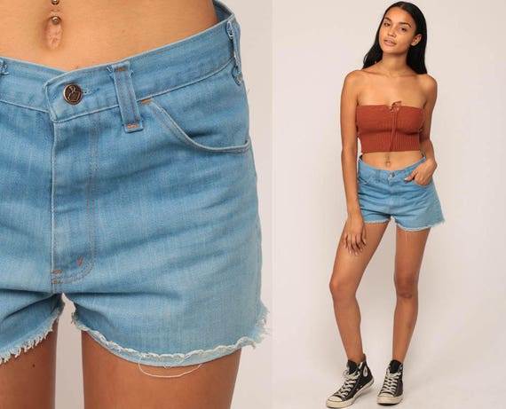 Jean Shorts Cutoffs 70s Shorts High Waisted Denim Cut Offs 1970s Frayed Vintage Blue Boho Hippie Medium