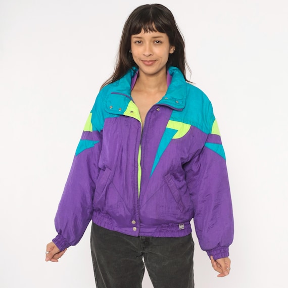 90s Neon Colorblock Jacket Windbreaker Purple Teal Lime Green Ski Inside Edge Zip Front Bomber Sport Coat Violet Cyan Puffer Extra Small XS