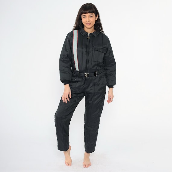 Vintage 80s Snowsuit Black Striped Ski Suit One Piece Snowsuit Retro Walls Blizzard Pruf Grey Winter Sports 1980s Belted Youth Size 18