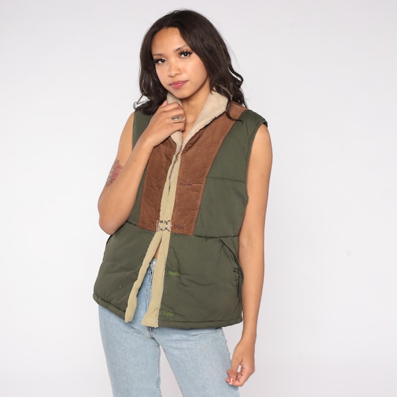 Y2K Puffer Vest Vintage Green Brown Corduroy Trim Sherpa Collar Utility Outdoor Workwear Hunting Style Quilted Sleeveless Jacket Medium M