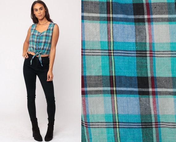 Plaid Blouse 90s CROP TOP Checkered Shirt Button Up Tank Top 1990s Sleeveless Vintage Hipster Retro Blue Tie Waist Medium Large