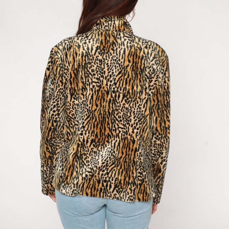 Animal Print Jacket 90s Faux Fur Coat Button up Blazer Cheetah Leopard Tiger Stripe Boho Cocktail Party Furry Fuzzy Vintage 1990s Large L image 5