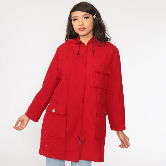 Red Wool Coat 80s HOODED Jacket Zip Up Hood Jacket Vintage 1980s Hoodie Bohemian Large xl l