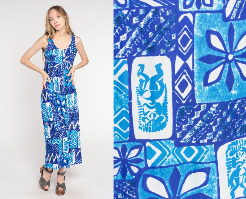 Blue Hawaiian Maxi Dress 70s Tropical Floral Tiki Print Long Dress ...