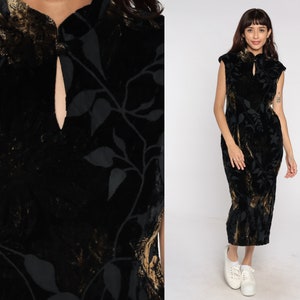 Velvet Cheongsam Dress 90s Burnout Leaf Print Ankle Length Maxi Mandarin Collar Keyhole 1990s Asian Sheath Dress Vintage Cap Sleeve Medium M