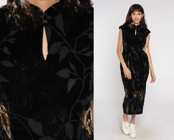 Velvet Cheongsam Dress 90s Burnout Leaf Print Ankle Length Maxi Mandarin Collar Keyhole 1990s Asian Sheath Dress Vintage Cap Sleeve Medium M