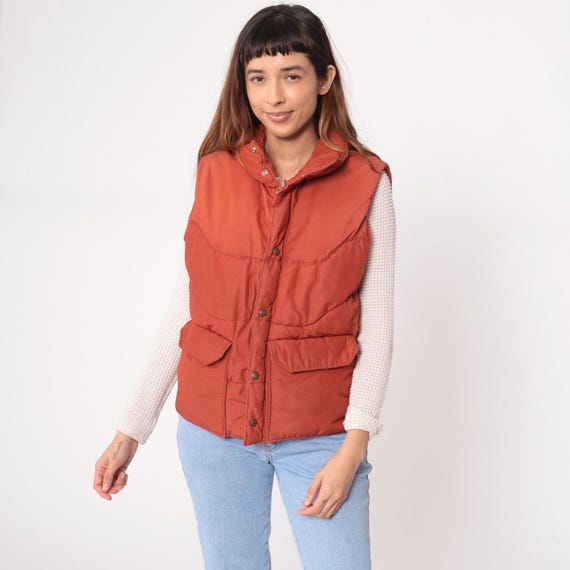 Quilted Puffer Ski Vest 80s Jansport Rust Orange Jacket Outdoor Hiking Skiing Winter Camping Gorpcore Terracotta Vintage Puffy Large L