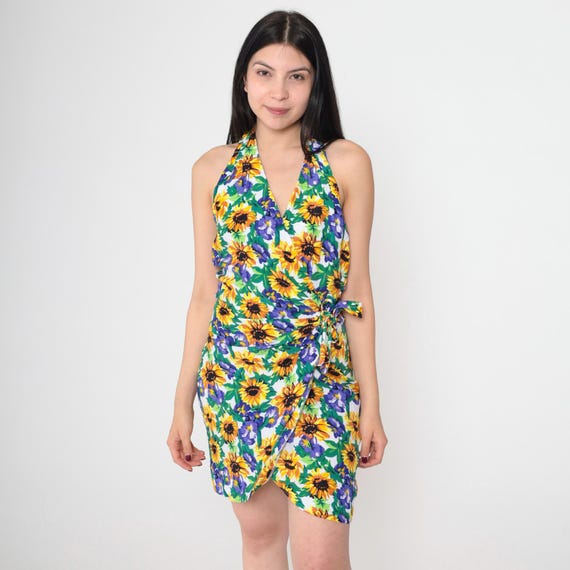 Vintage Floral Halter Neck Dress 90s Fredericks of Hollywood Mini Sunflower Wrap Summer Boho 1990s Hippie Backless Dress Sundress Medium 9