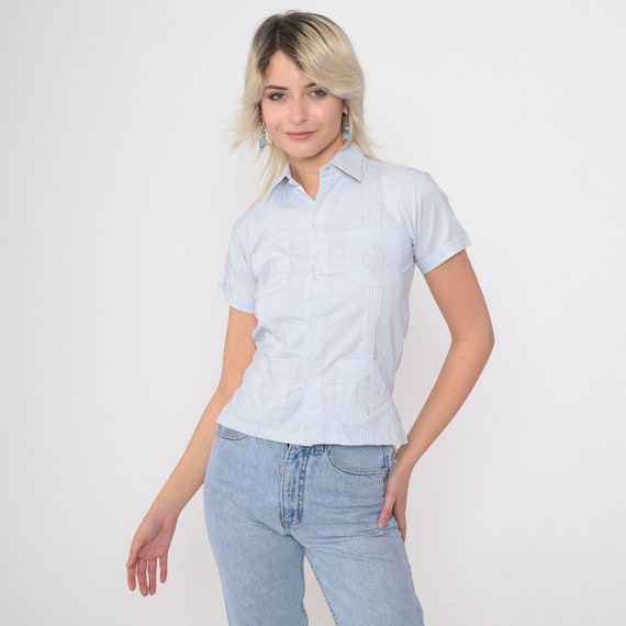 Baby Blue Shirt 80s Embroidered Guayabera Style Pastel Pintuck Button Up Shirt Vintage Collared 1980s Retro Short Sleeve 2xs xxs
