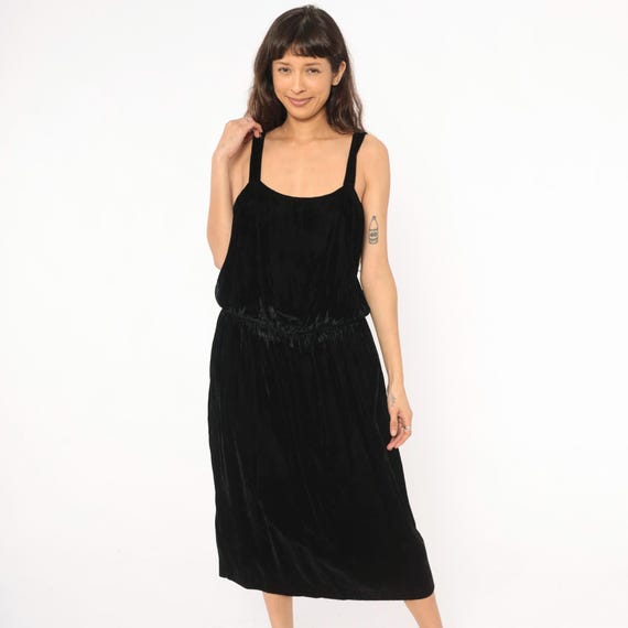Black Velvet Jumper 80s Sleeveless Dress Gathered Waist Wide Strap Tank Dark Cottagecore Goth Evening Cocktail Party Vintage Womens Large L
