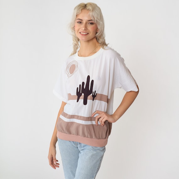90s Cactus Shirt Southwest Saguaro Blouse Vintage Slouchy Color Block Retro Tee Desert Graphic Print 1990s Southwestern White Brown Small