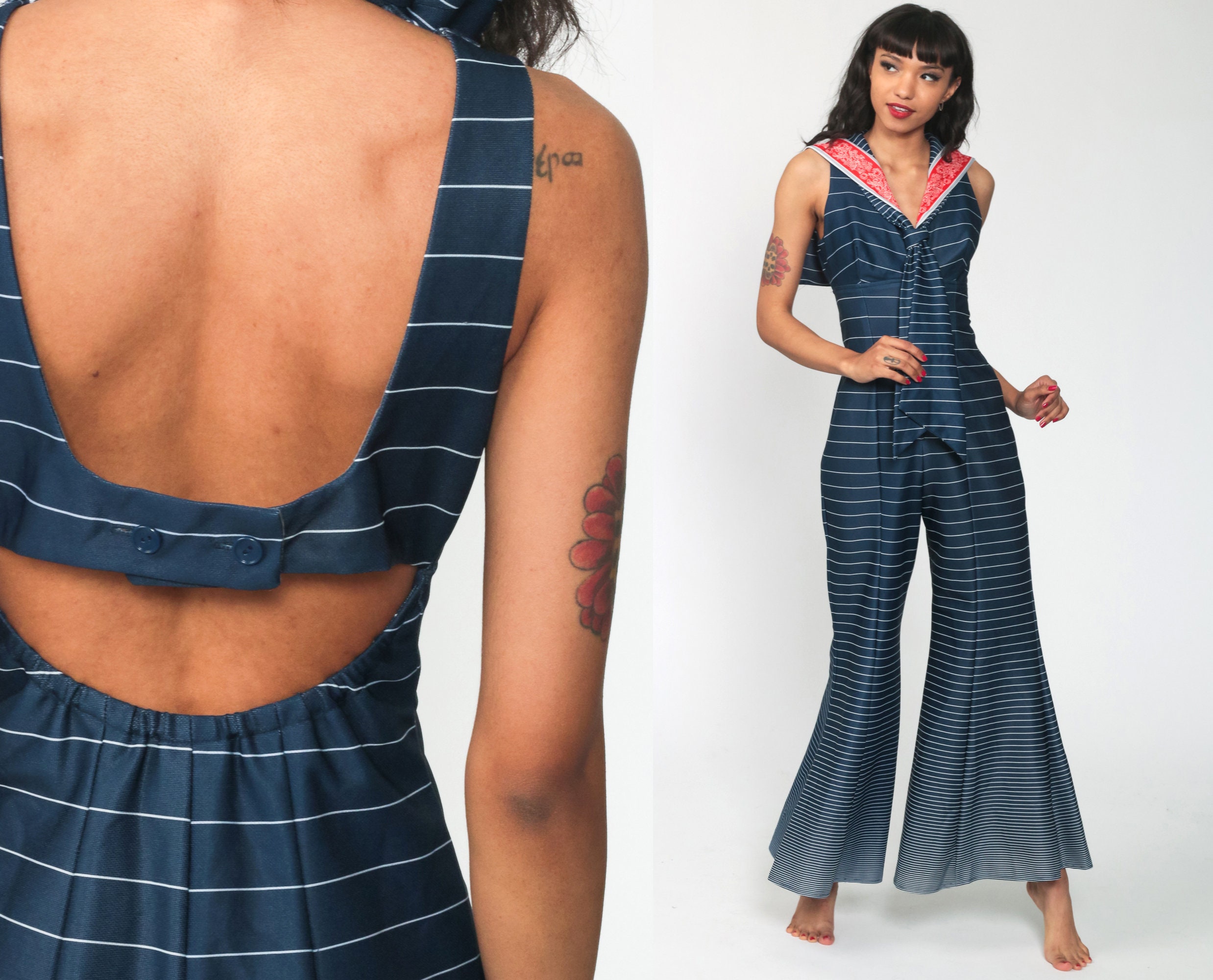 Bell Bottom Jumpsuit 70s Sailor NAUTICAL Jumpsuit Wide Leg 1970s Disco Mod Hippie High Waist